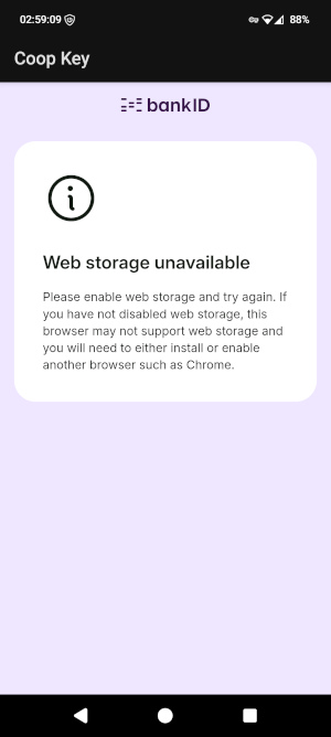 The Coop Key app showing an error message saying web storage is unavailible.