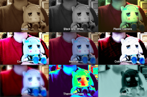 A screenshot of the MacOS app Photo Booth, showing the view of the webcam along with many wacky picture effects.